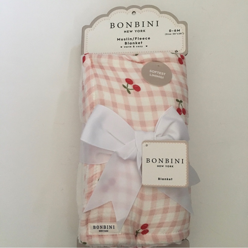 Baby Blanket Muslin Cotton Soft Fleece Lining Cherry Theme NEW | Bonbini